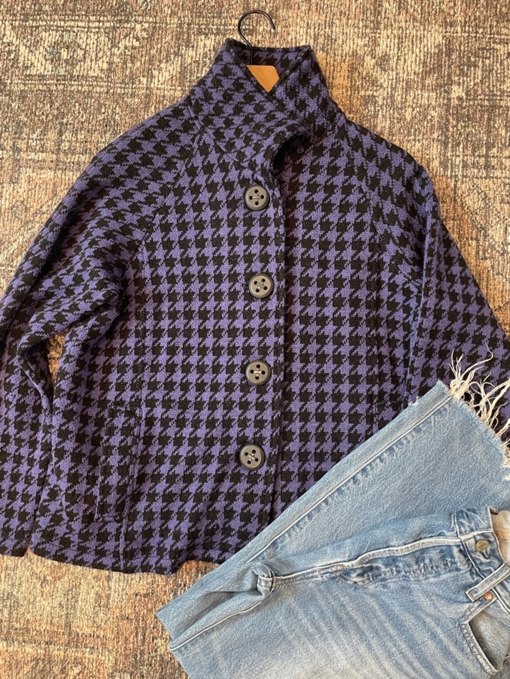 Coldwater Creek Medium Wool Purple and Black Houndstooth Button-front Jacket